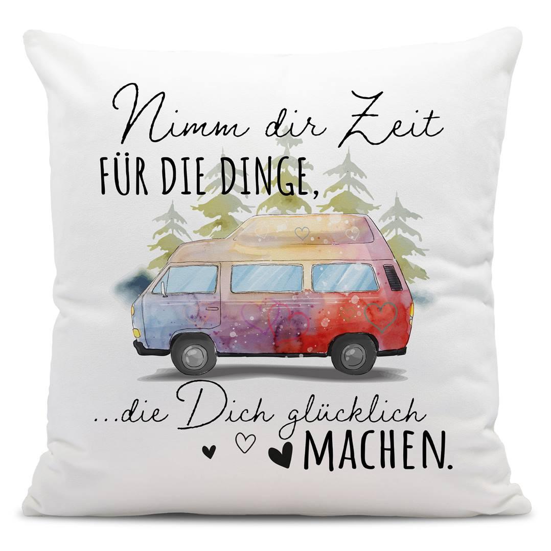 geburtstagsgrüße für camper Kissen „Nimm Dir Zeit“ – Perfektes Geschenk für Camping & Abenteuer – Tassenbrennerei
