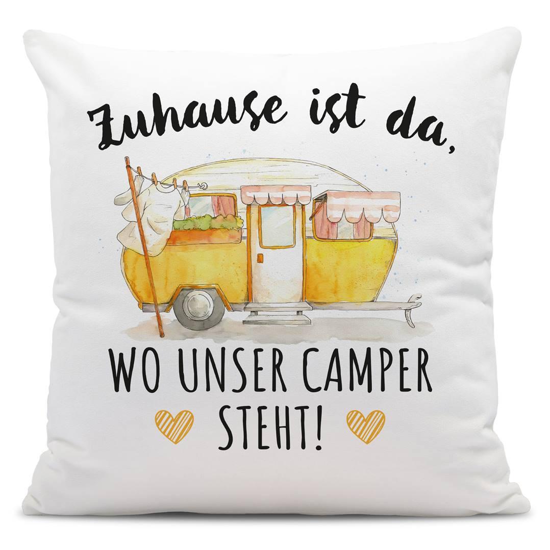 Kissen „Zuhause ist wo unser Camper steht“ – Geschenk für Camping-Fans –  Tassenbrennerei