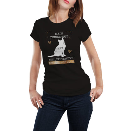 Bild: T-Shirt - Mein Therapeut hat Fell, Pfoten und ein Herz aus Gold. (Katze) Geschenkidee