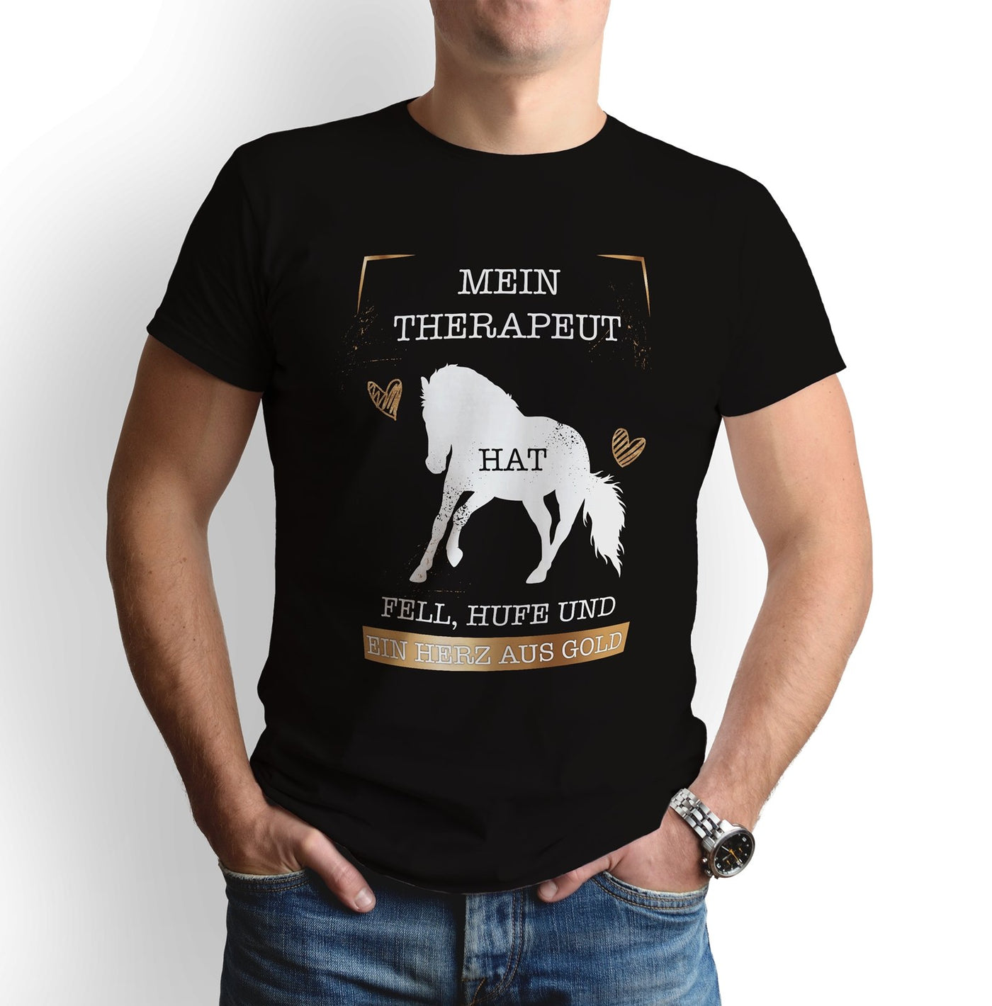 Bild: T-Shirt - Mein Therapeut hat Fell, Pfoten und ein Herz aus Gold. (Pferd) Geschenkidee