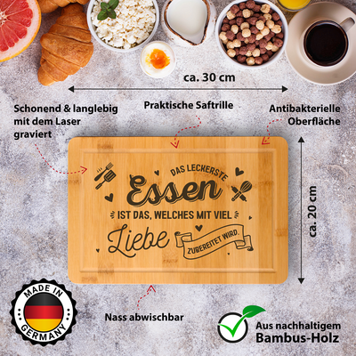 Bambus Schneidebrett - Das leckerste Essen ist das, welches mit viel Liebe zubereitet wird.