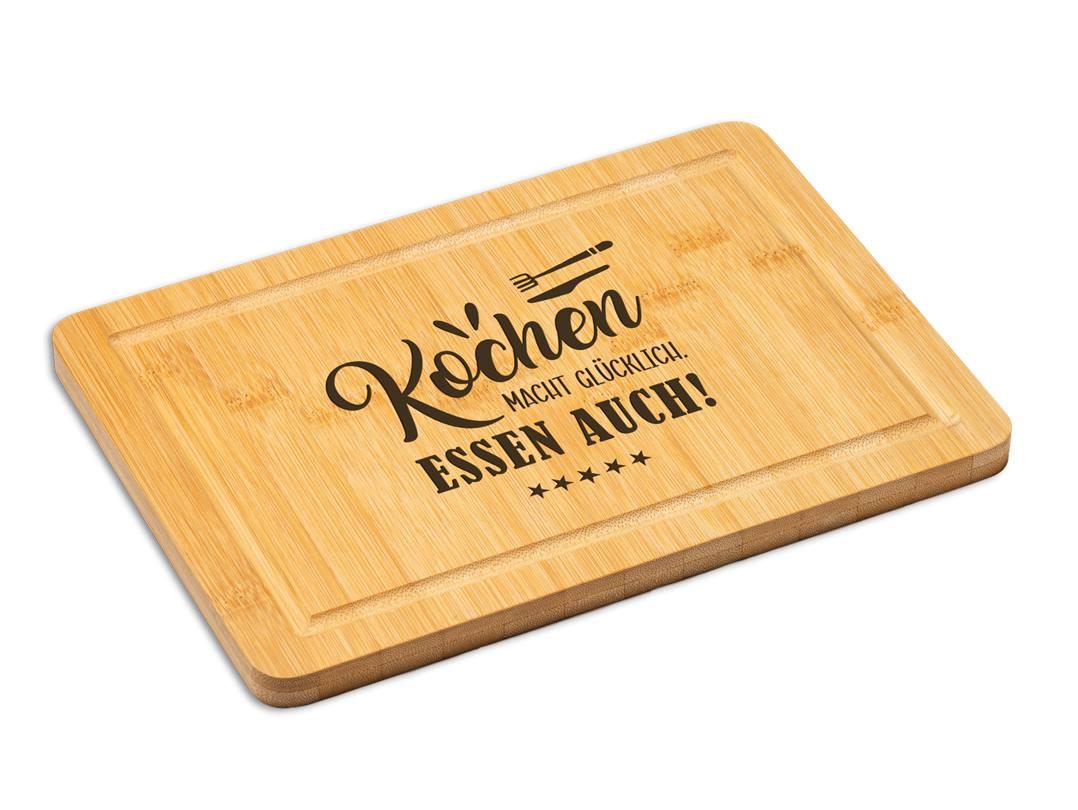 Bambus-Schneidebrett: Kochen macht glücklich. Essen auch! – Tassenbrennerei