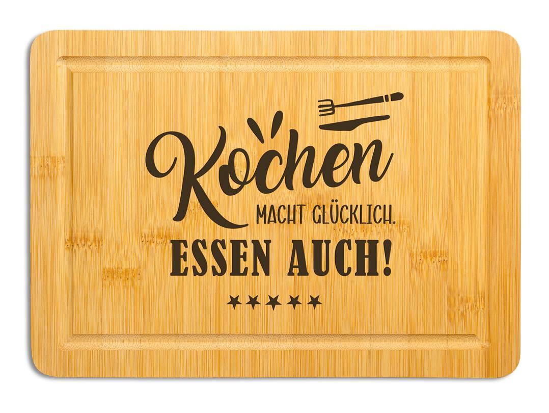 Bambus-Schneidebrett: Kochen macht glücklich. Essen auch! – Tassenbrennerei