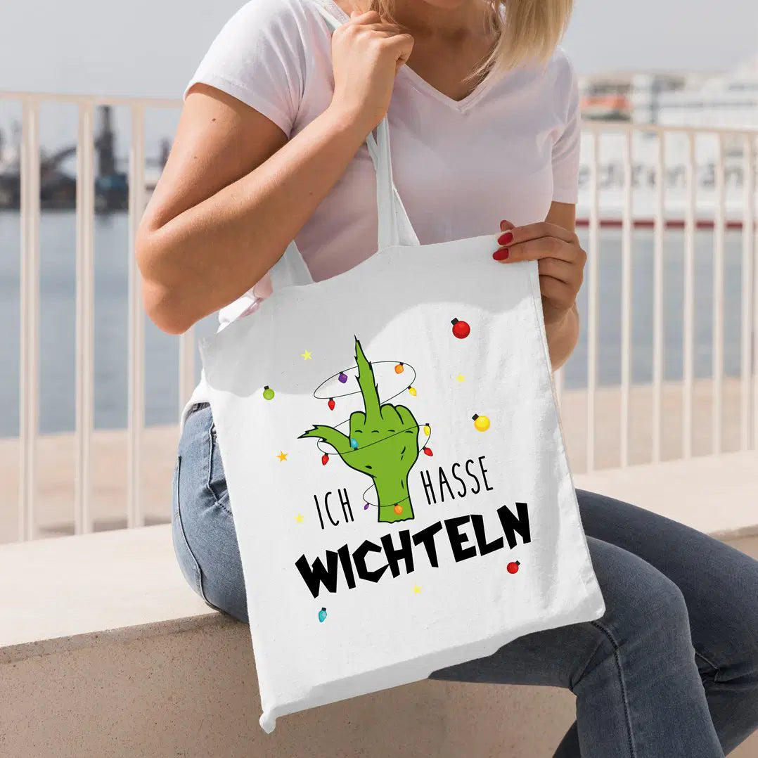 Bild: Baumwolltasche - Grinch - Ich hasse Wichteln (Mittelfinger) Geschenkidee