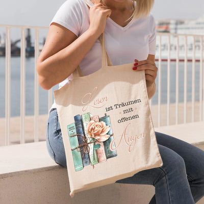 Bild: Baumwolltasche - Lesen ist Träumen mit offenen Augen. Geschenkidee