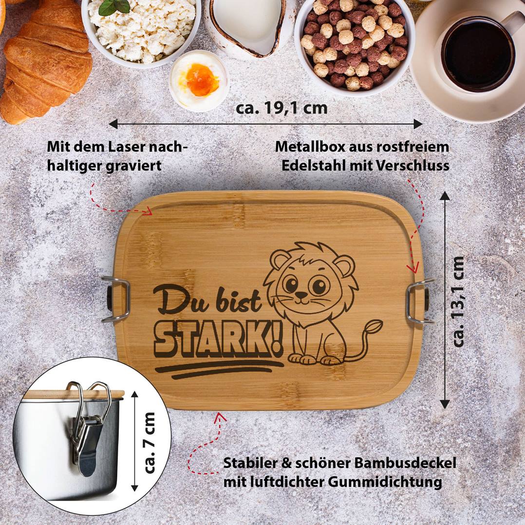 Brotdose - Du bist stark (Löwe) - Edelstahl mit Bambusdeckel