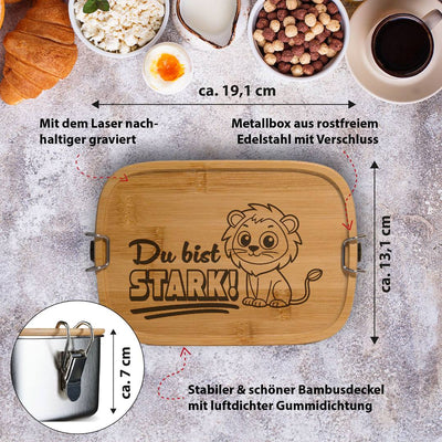 Brotdose - Du bist stark (Löwe) - Edelstahl mit Bambusdeckel