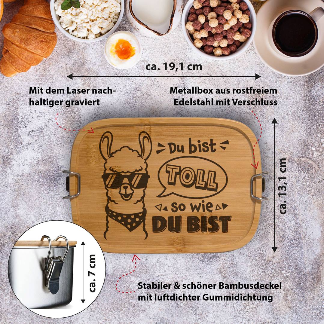 Brotdose - Du bist toll, so wie Du bist (Lama) - Edelstahl mit Bambusdeckel