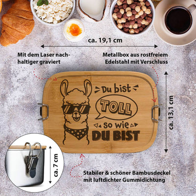 Brotdose - Du bist toll, so wie Du bist (Lama) - Edelstahl mit Bambusdeckel