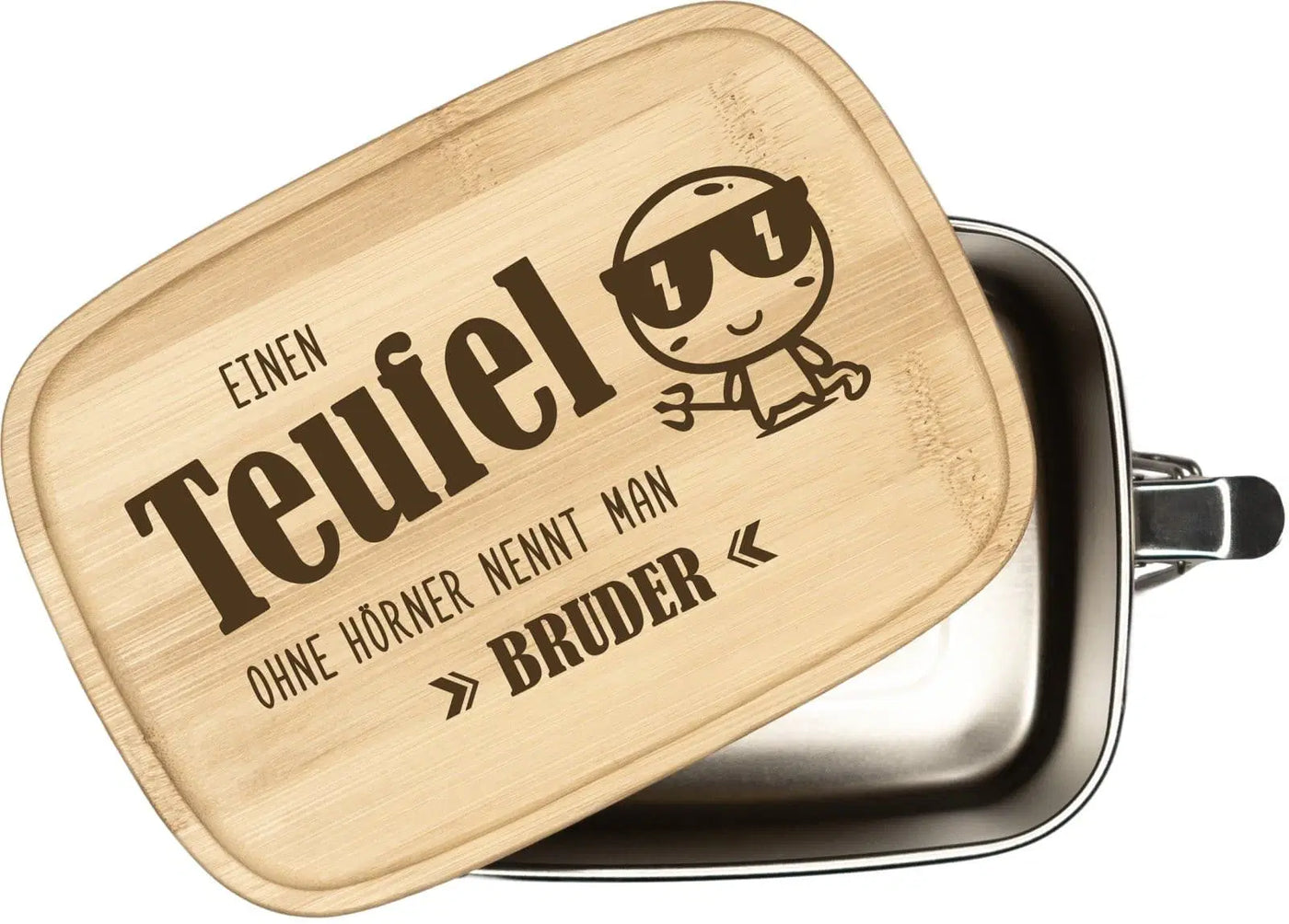 Bild: Brotdose - Einen Teufel ohne Hörner nennt man Bruder - Edelstahl mit Bambusdeckel Geschenkidee