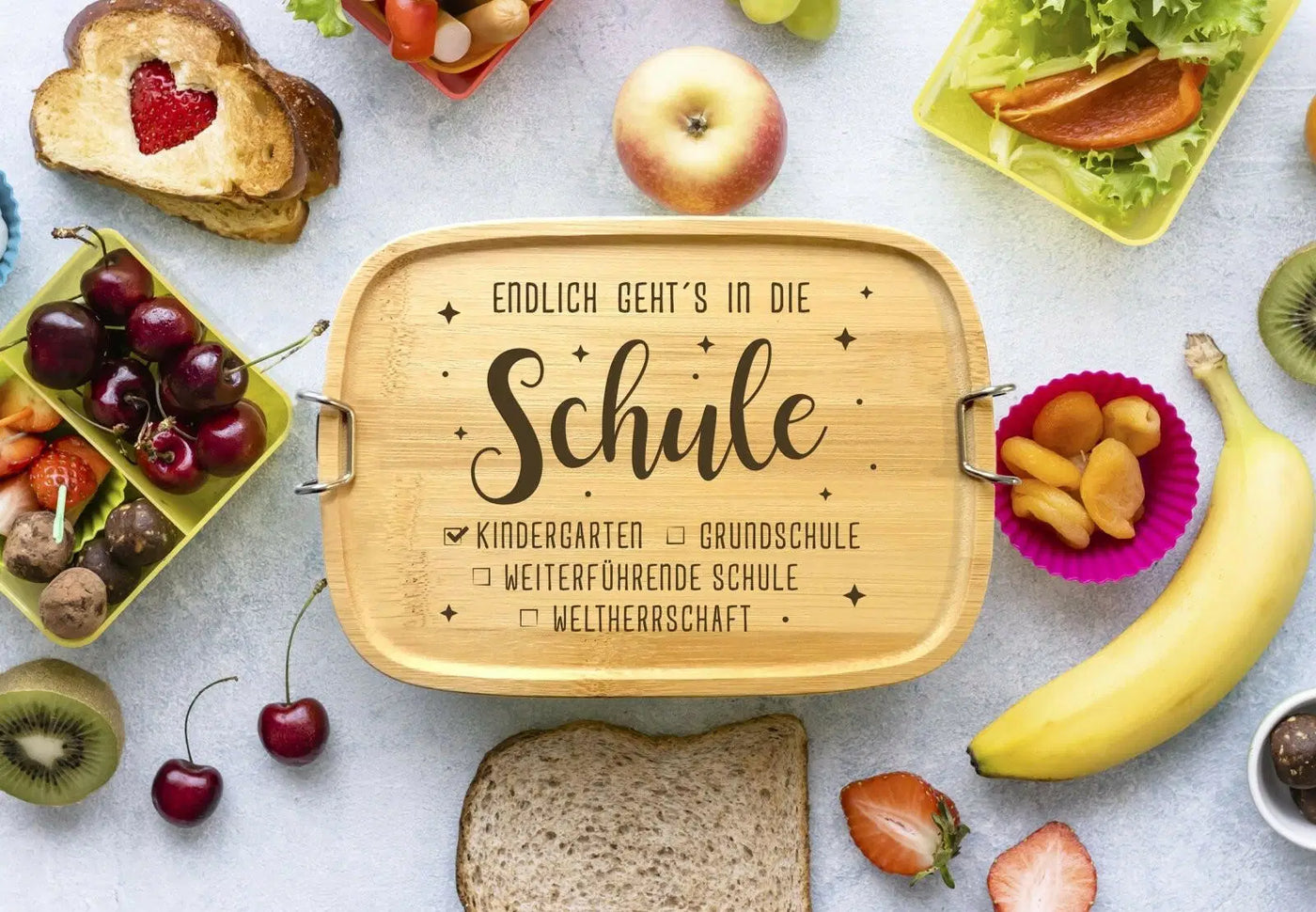 Bild: Brotdose - Endlich geht´s in die Schule - Edelstahl mit Bambusdeckel Geschenkidee
