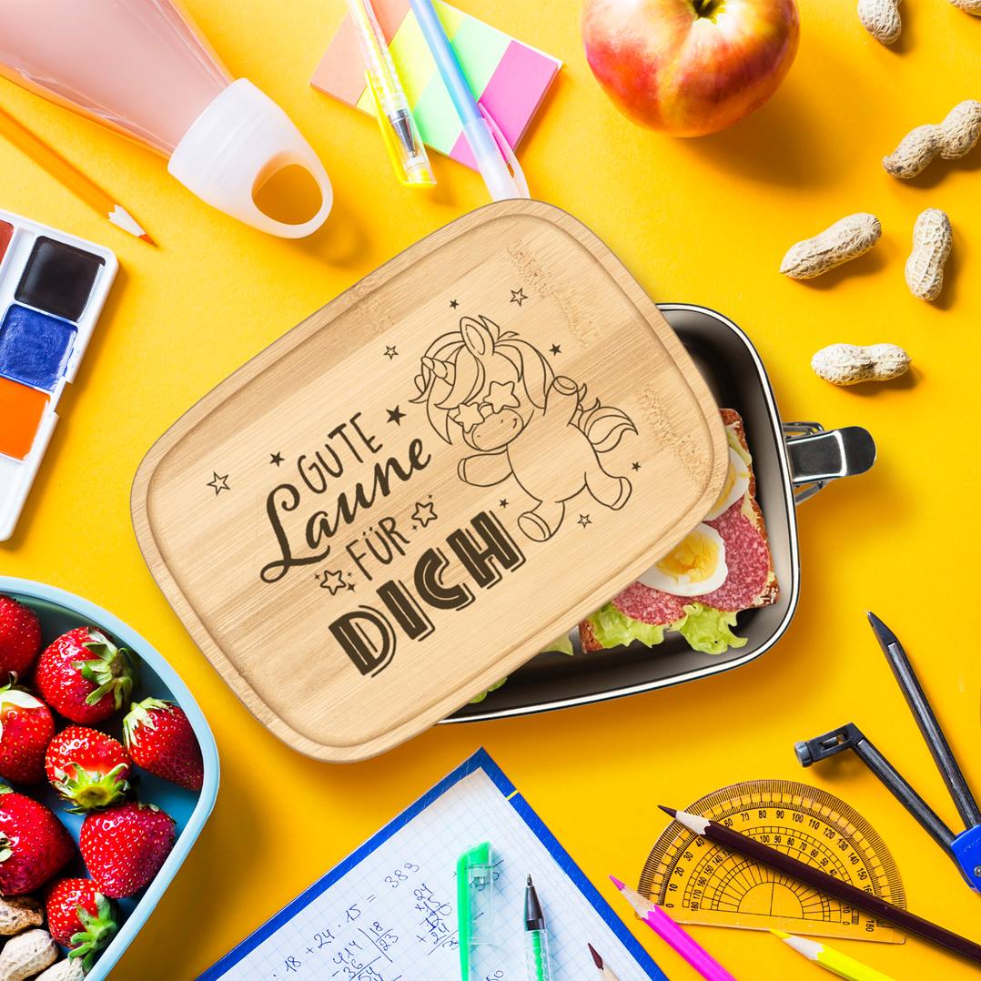 Brotdose - Gute Laune für Dich (Einhorn) - Edelstahl mit Bambusdeckel