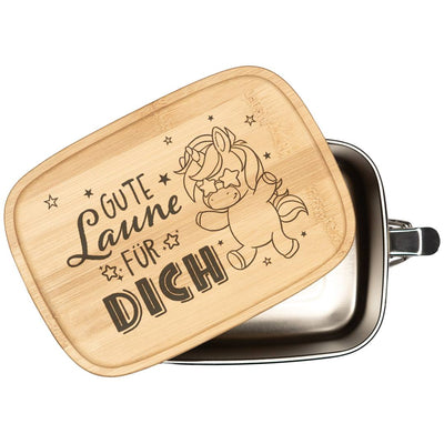 Brotdose - Gute Laune für Dich (Einhorn) - Edelstahl mit Bambusdeckel