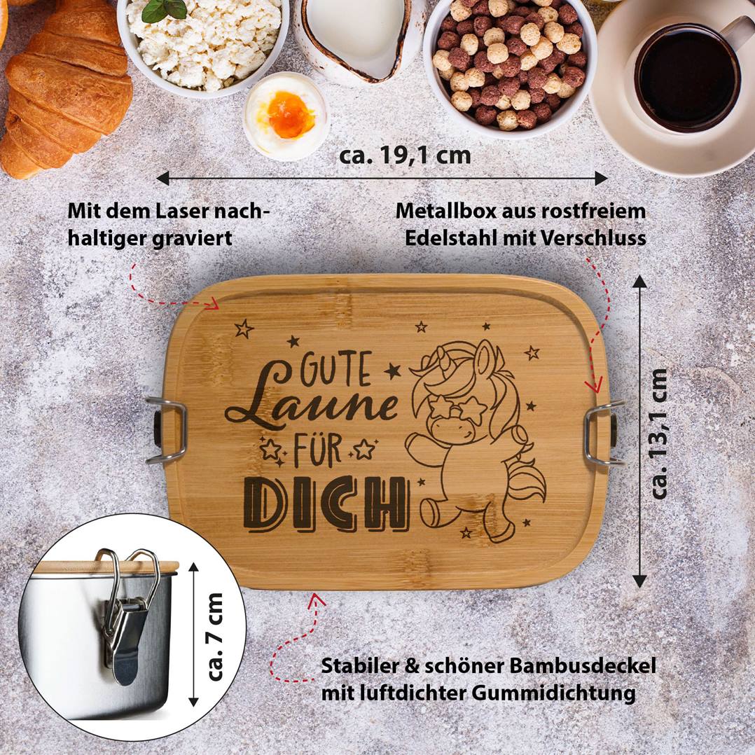 Brotdose - Gute Laune für Dich (Einhorn) - Edelstahl mit Bambusdeckel