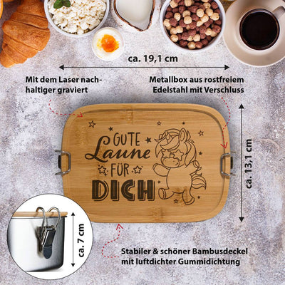 Brotdose - Gute Laune für Dich (Einhorn) - Edelstahl mit Bambusdeckel