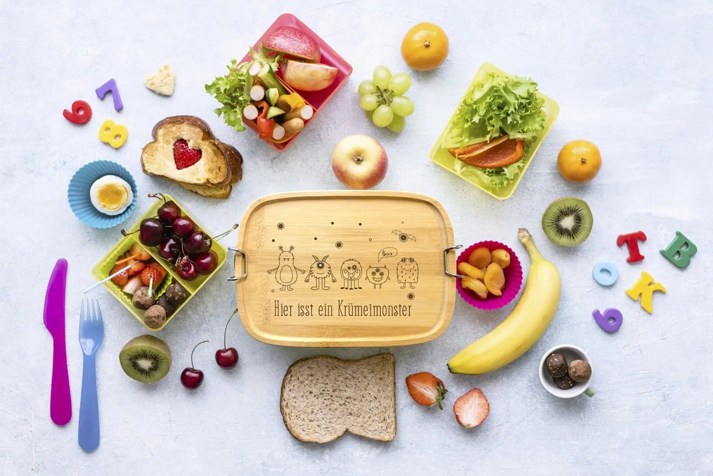 Bild: Brotdose - Hier isst das Krümelmonster - Edelstahl mit Bambusdeckel Geschenkidee