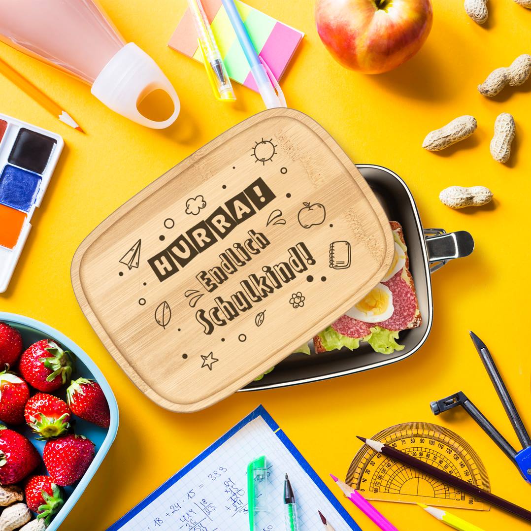 Brotdose - Hurra! Endlich Schulkind - Edelstahl mit Bambusdeckel