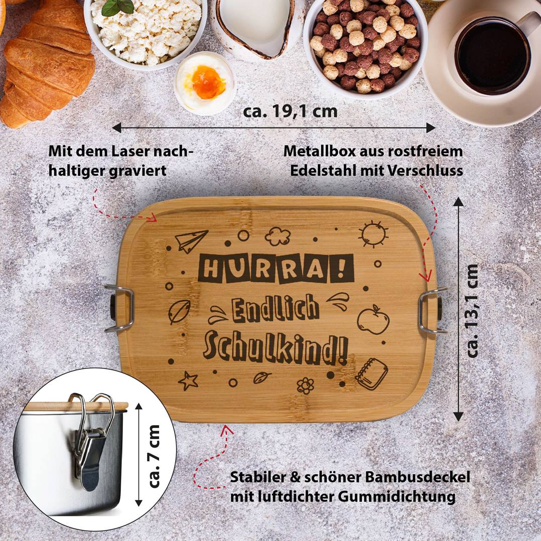 Brotdose - Hurra! Endlich Schulkind - Edelstahl mit Bambusdeckel