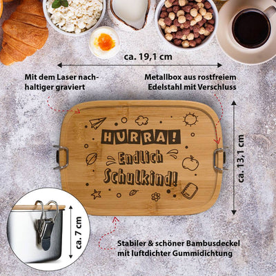 Brotdose - Hurra! Endlich Schulkind - Edelstahl mit Bambusdeckel
