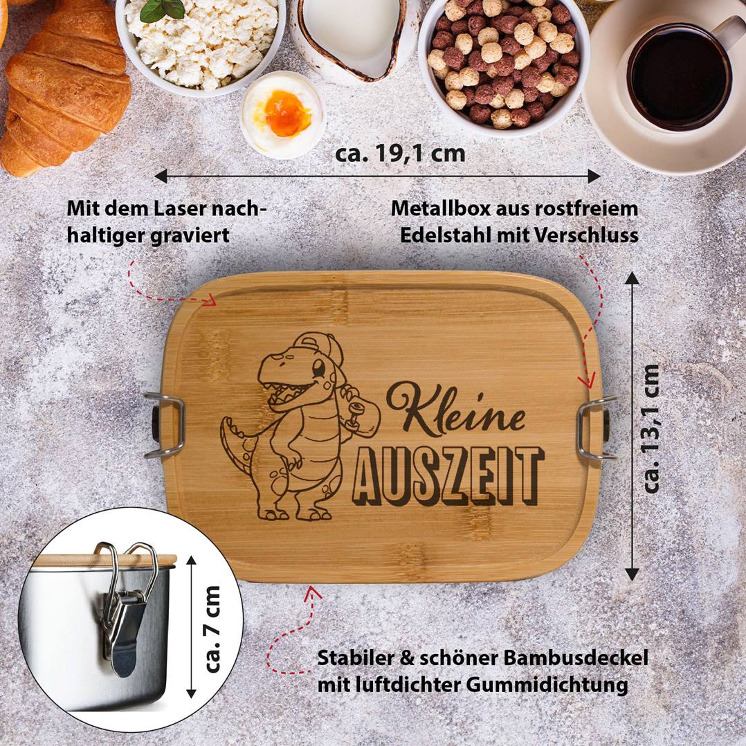 Brotdose - Kleine Auszeit (Dino) - Edelstahl mit Bambusdeckel