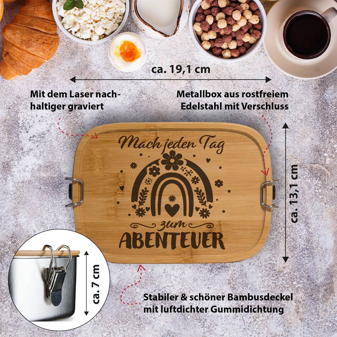Brotdose - Mach jeden Tag zum Abenteuer - Edelstahl mit Bambusdeckel
