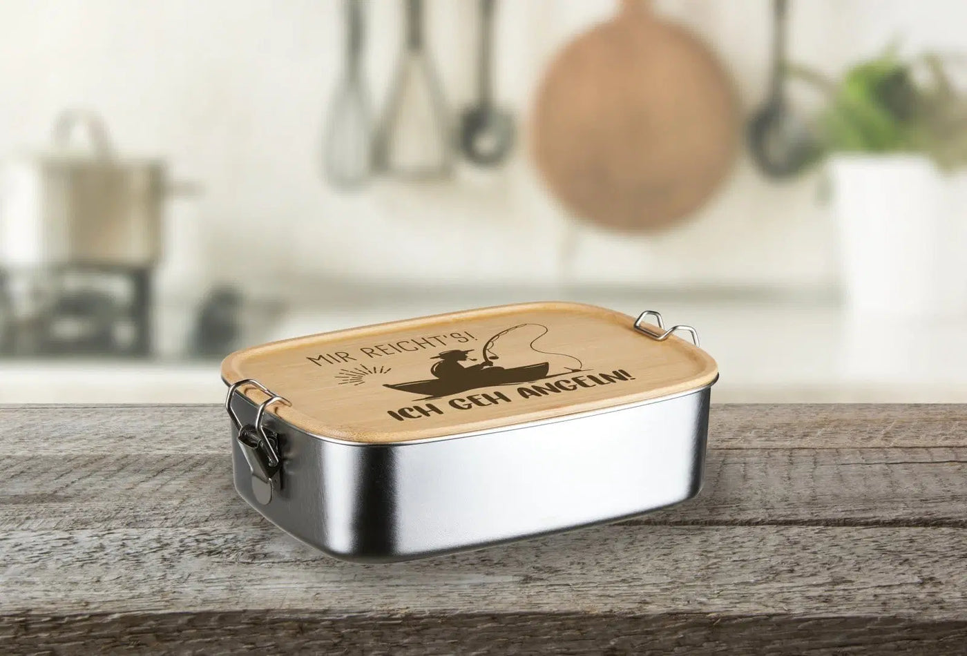 Bild: Brotdose - Mir reicht´s! Ich geh angeln! - Edelstahl mit Bambusdeckel Geschenkidee