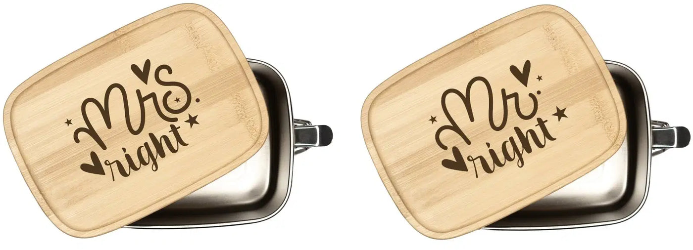 Bild: Brotdose - Mrs. Right und Mr. Right - Edelstahl mit Bambusdeckel Geschenkidee