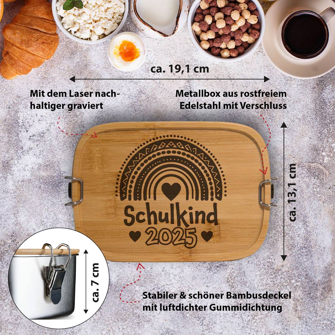 Brotdose - Schulkind 2025 - Edelstahl mit Bambusdeckel