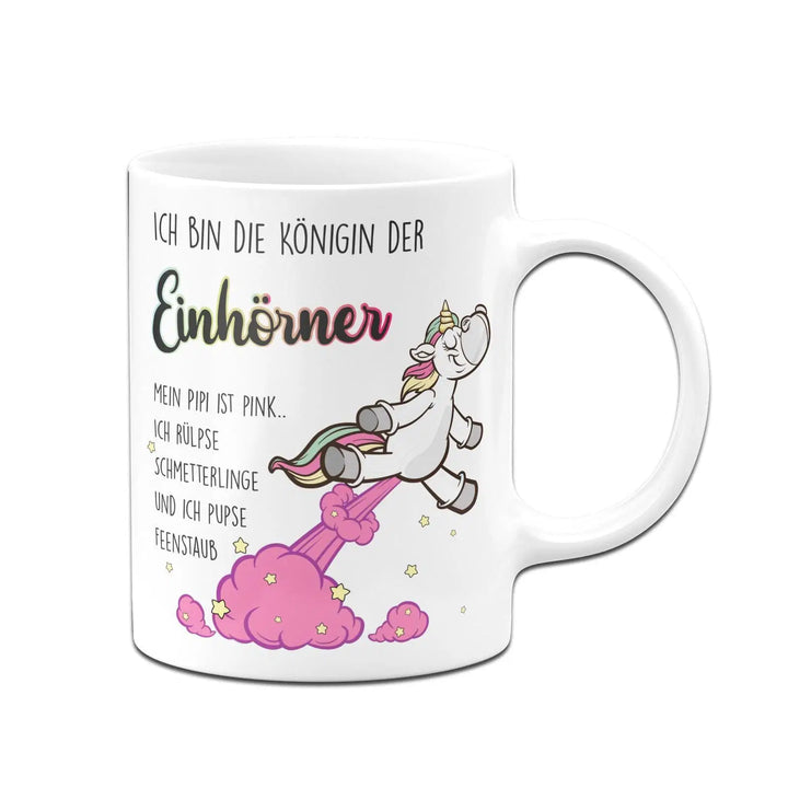Lustige Einhorn-Tasse mit Spruch: Pinkes Pipi und extra Feenstaub – Tassenbrennerei