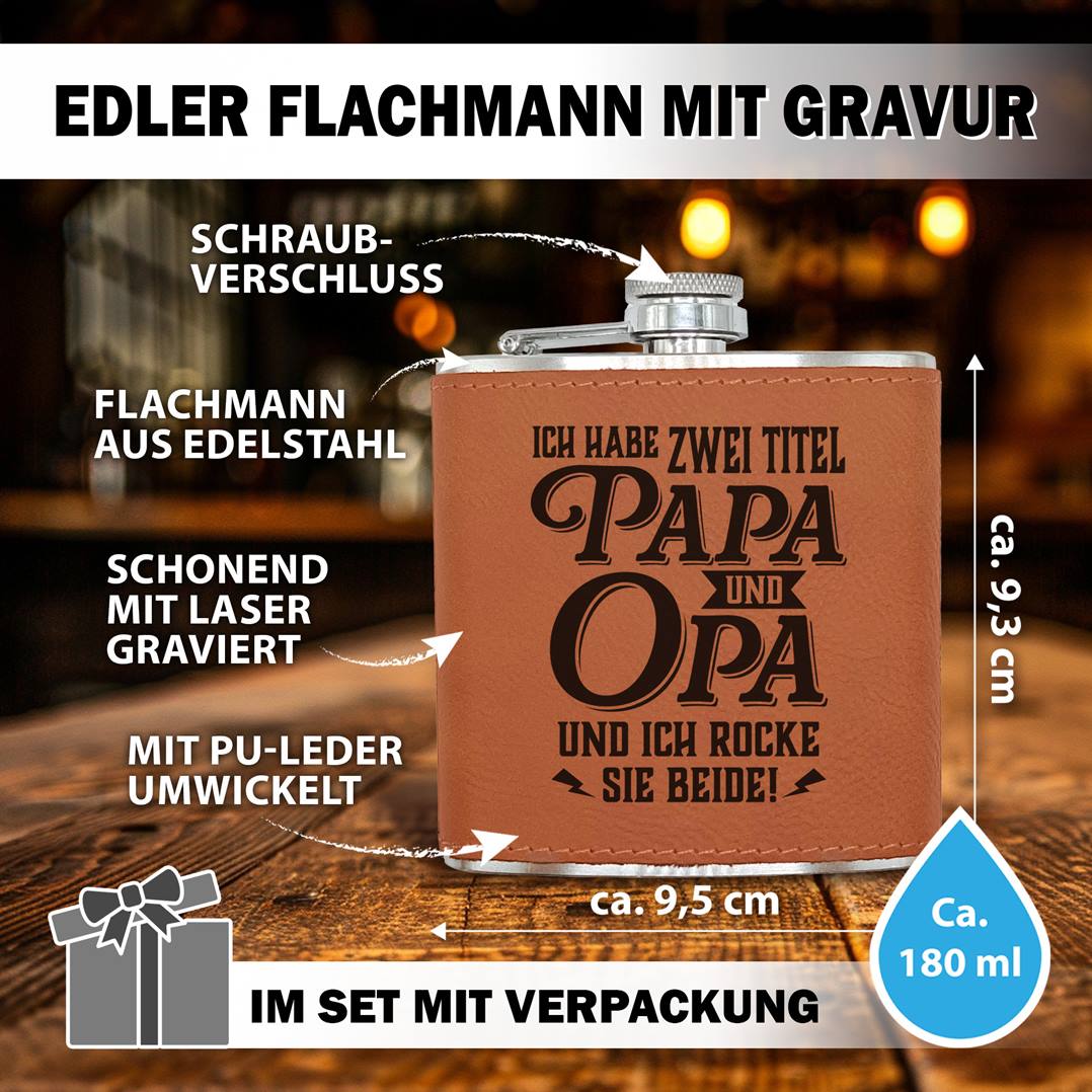 Flachmann Geschenkset - Ich habe zwei Titel: Papa und Opa und ich rocke sie beide!