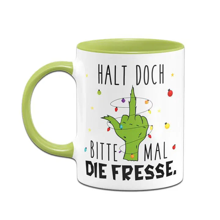 Bild: Grinch Tasse - Halt doch bitte mal die Fresse. (Mittelfinger) Geschenkidee