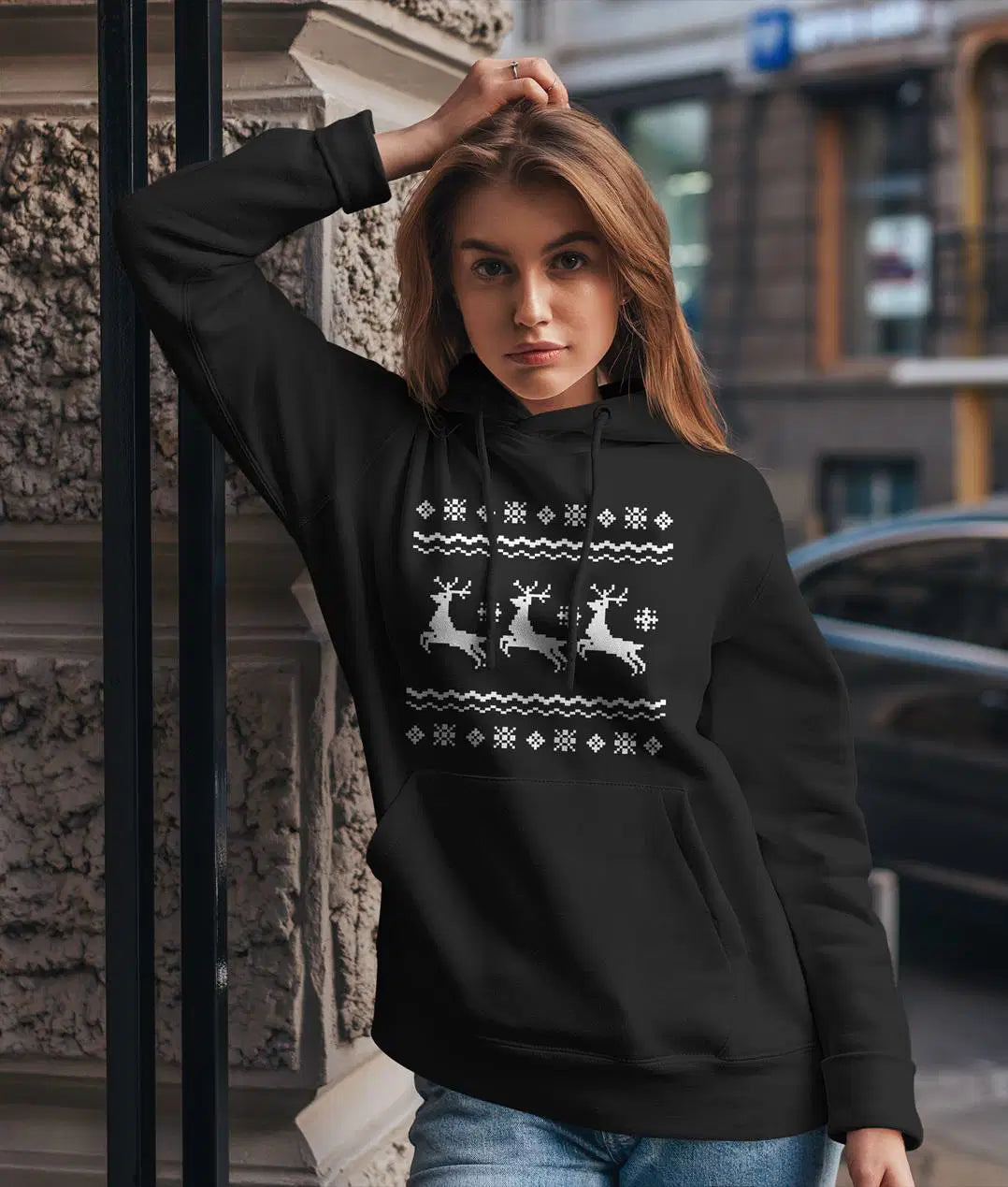 Bild: Hoodie - Rentier (Strick-Optik) - SW Geschenkidee