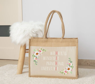Jutetasche - Mama = Warmherzig, Wunderbar, Phänomenal, Unersetzbar