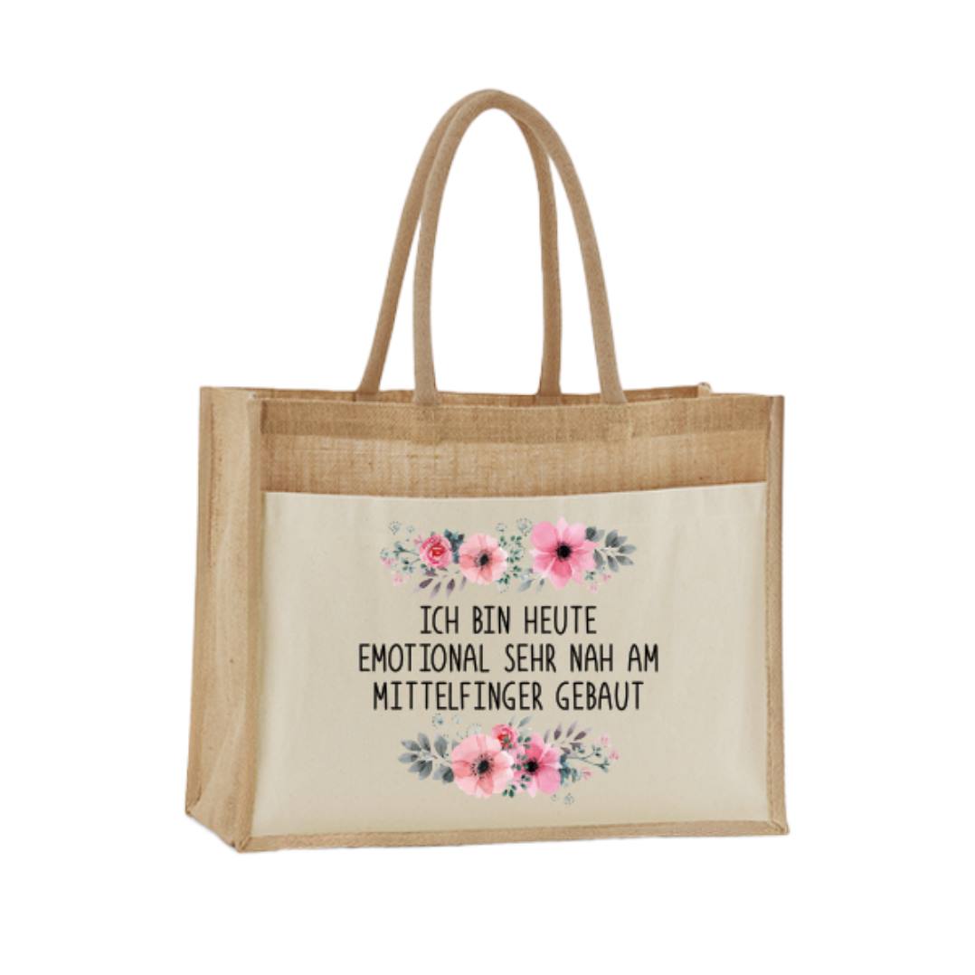 Jutetasche - Ich bin heute emotional sehr nah am Mittelfinger gebaut. - blumig