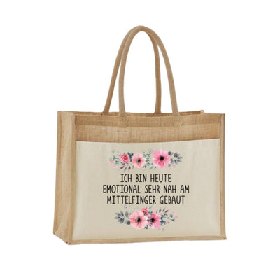 Jutetasche - Ich bin heute emotional sehr nah am Mittelfinger gebaut. - blumig