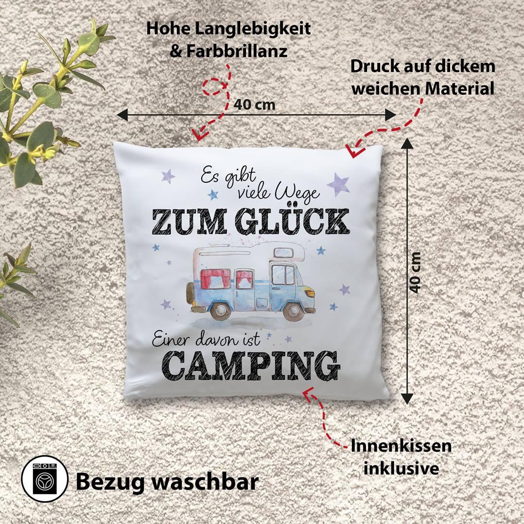 Kissen „Es gibt viele Wege zum Glück, Camping“ – Geschenk für Camper –  Tassenbrennerei