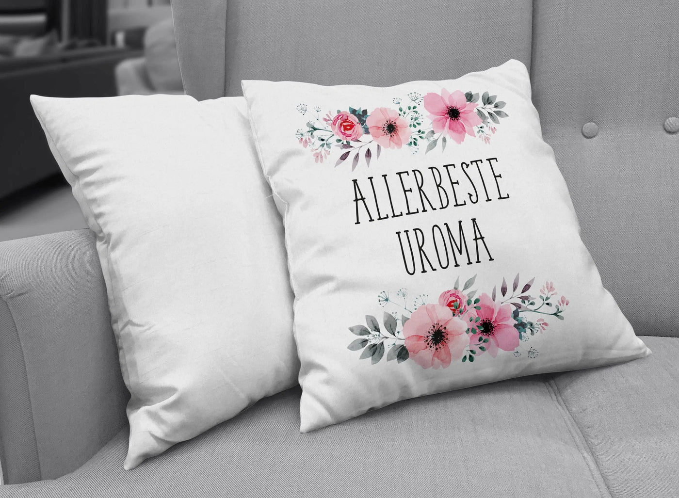 Bild: Kissen - Allerbeste Uroma mit Blümchen Geschenkidee
