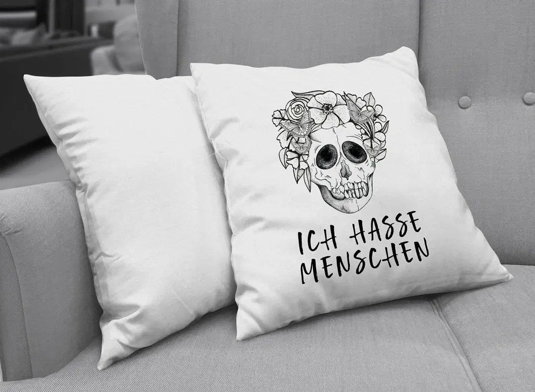 Bild: Kissen - Ich hasse Menschen - Totenkopf Geschenkidee