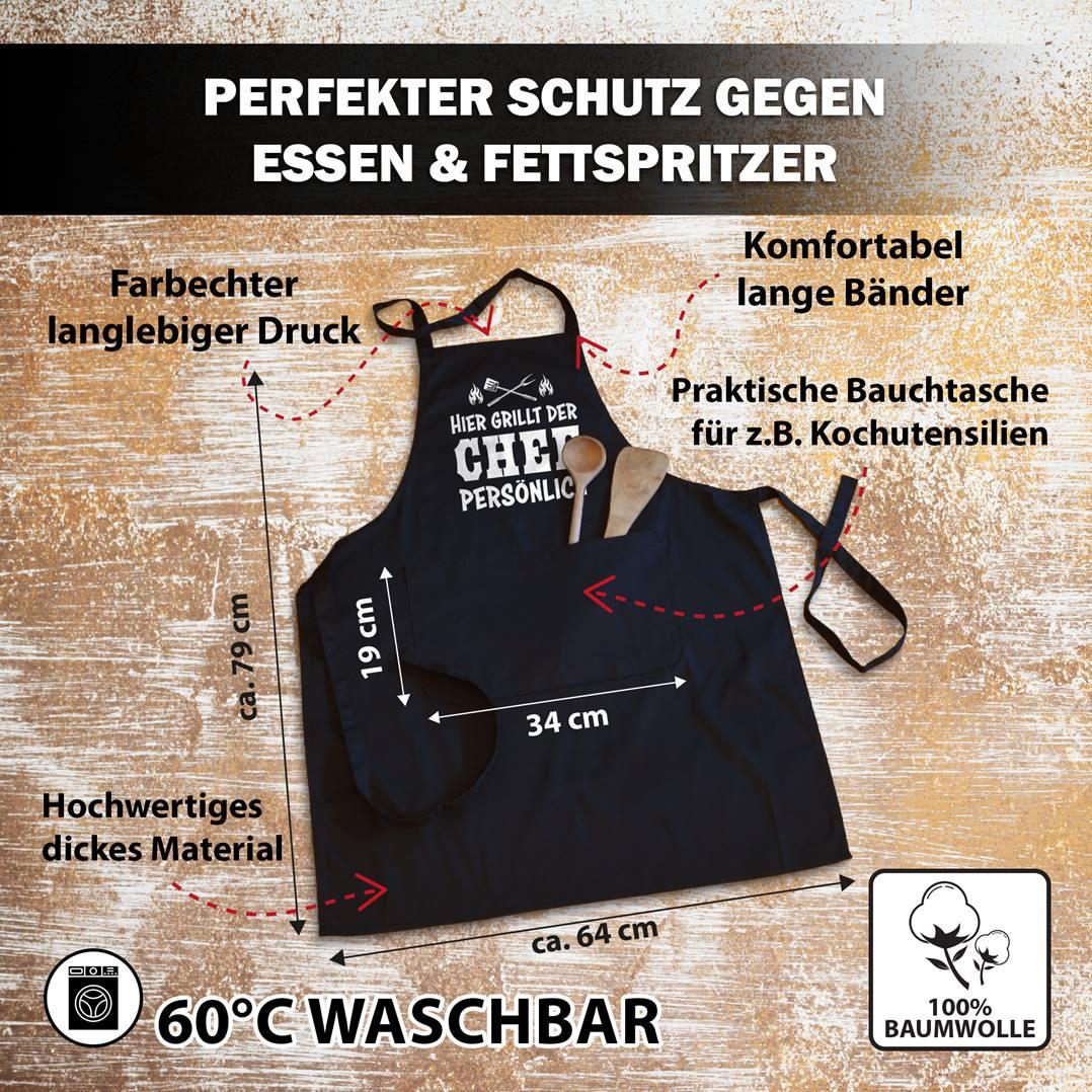 Kochschürze „Hier grillt der Chef persönlich“ – Geschenk für Männer – Tassenbrennerei
