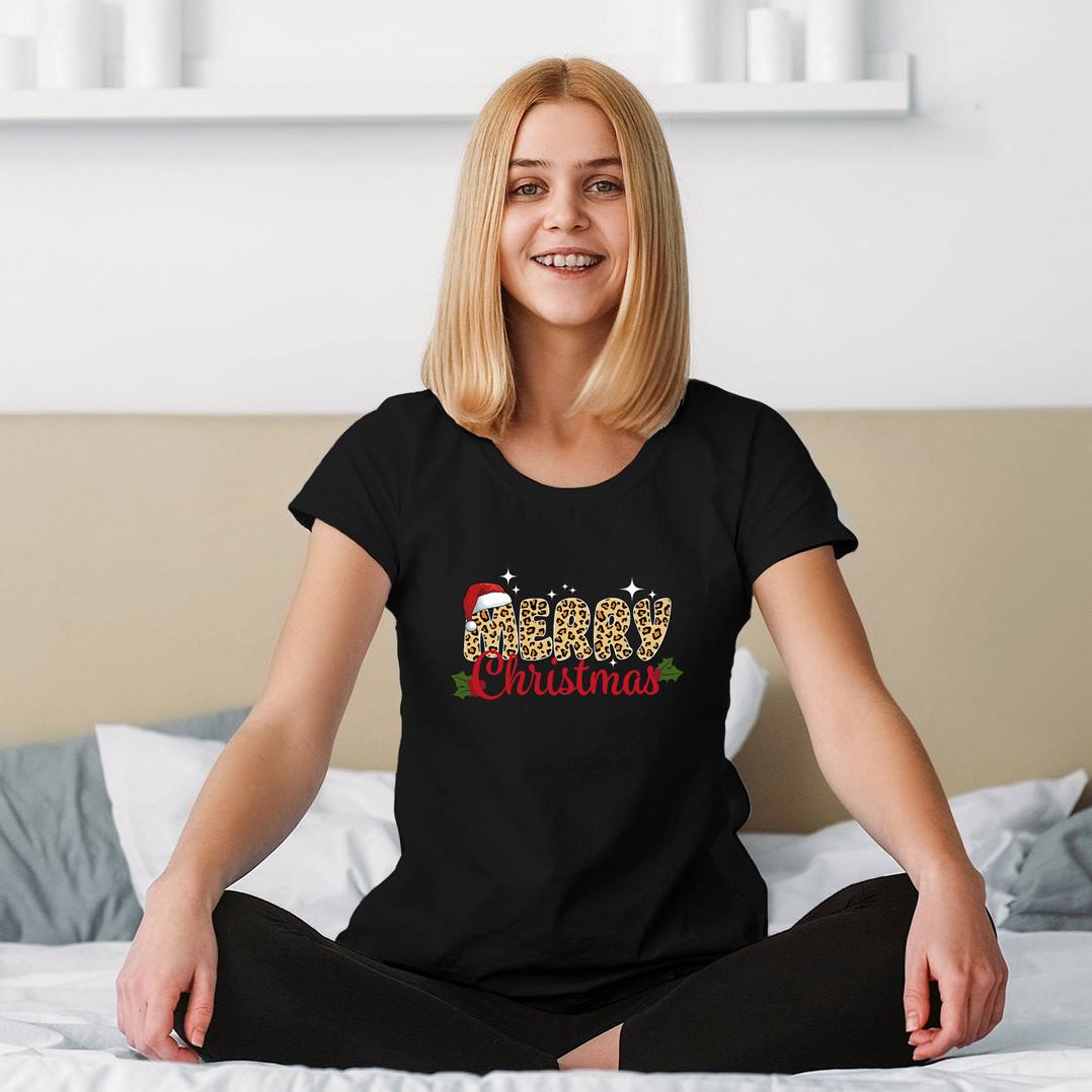 T-Shirt Damen - Merry Christmas (Leo-Print)