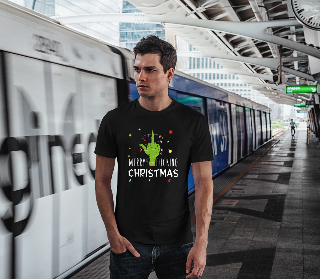 T-Shirt Herren - Grinch - Merry fucking Christmas (Mittelfinger)
