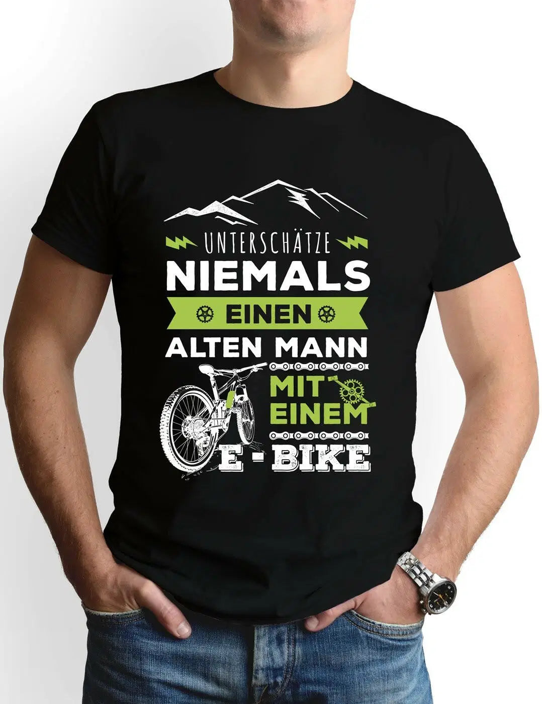 Herren T-Shirt mit Spruch - Unterschätze niemals einen alten Mann mit einem E-Bike