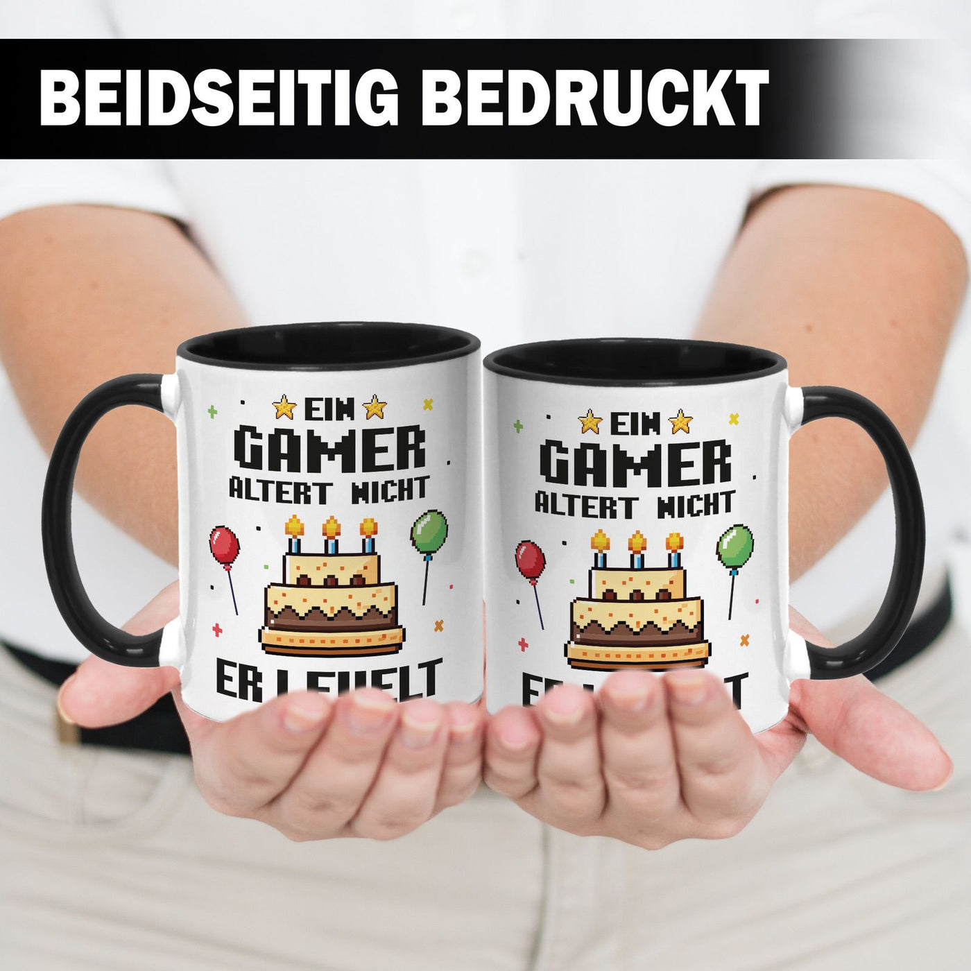 Tasse - Ein Gamer altert nicht er levelt (Pixel Style)