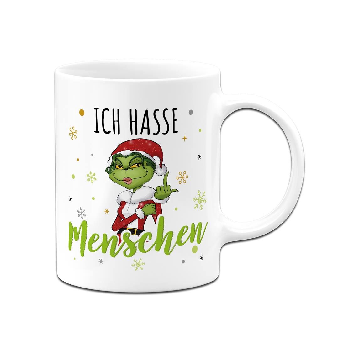 Grinch Tasse 'Ich Hasse Menschen' | Lustige Weihnachtstasse Mit Spruch | Schwarz, Beidseitig Bedruckt, Spülmaschinenfest