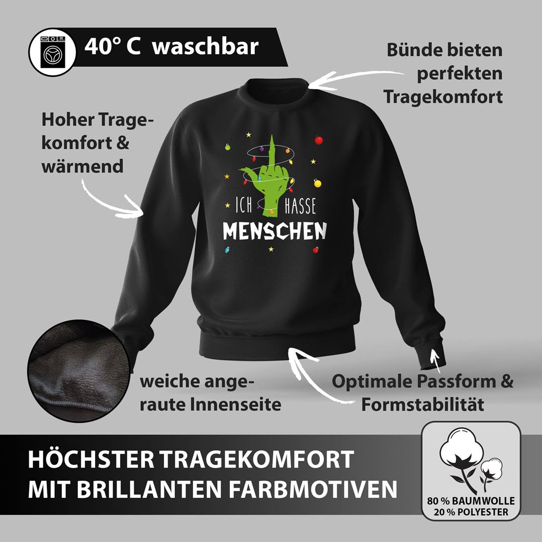 Weihnachtspullover - Grinch - Ich hasse Menschen (Mittelfinger)