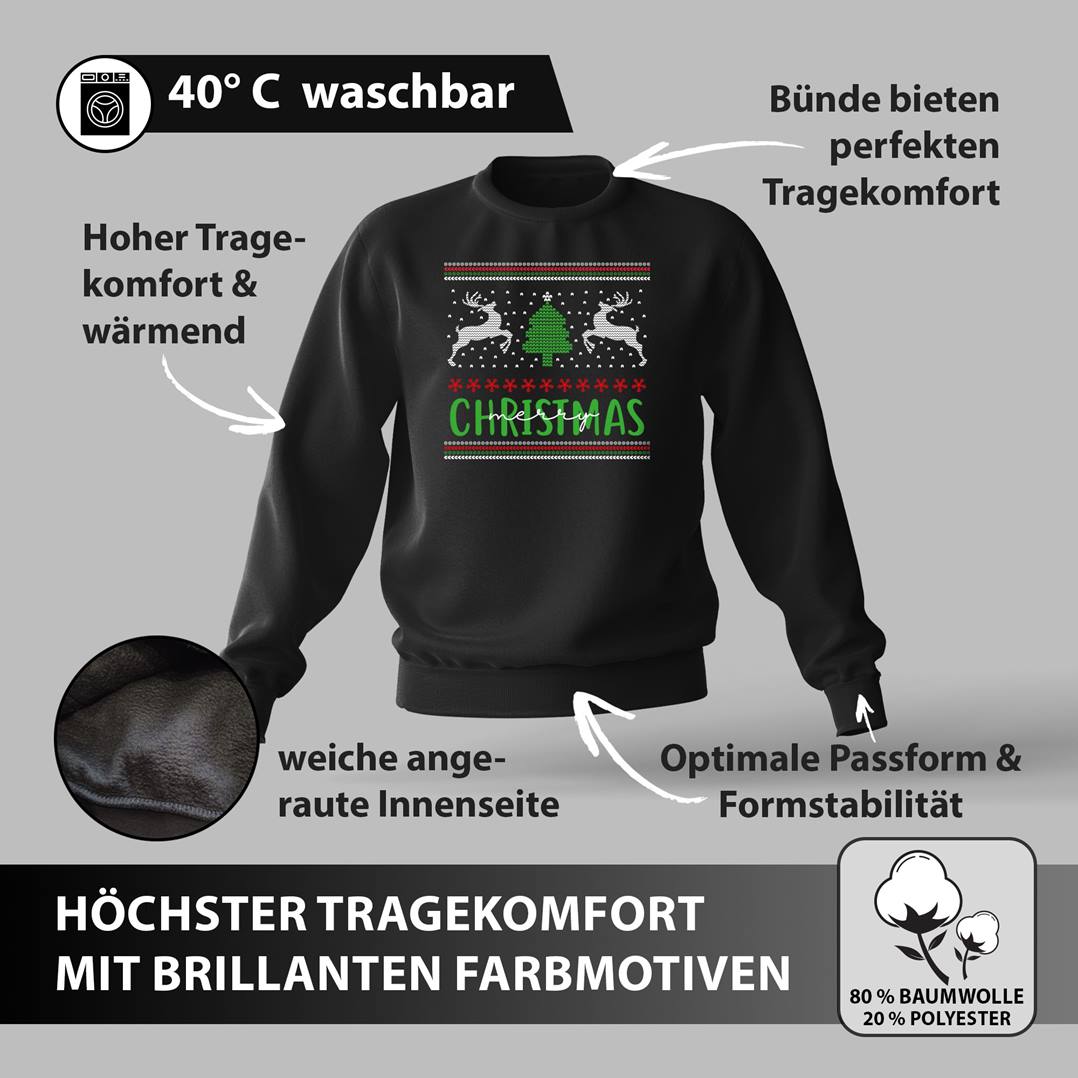 Weihnachtspullover - Merry Christmas (Rentiere & Tannenbaum)