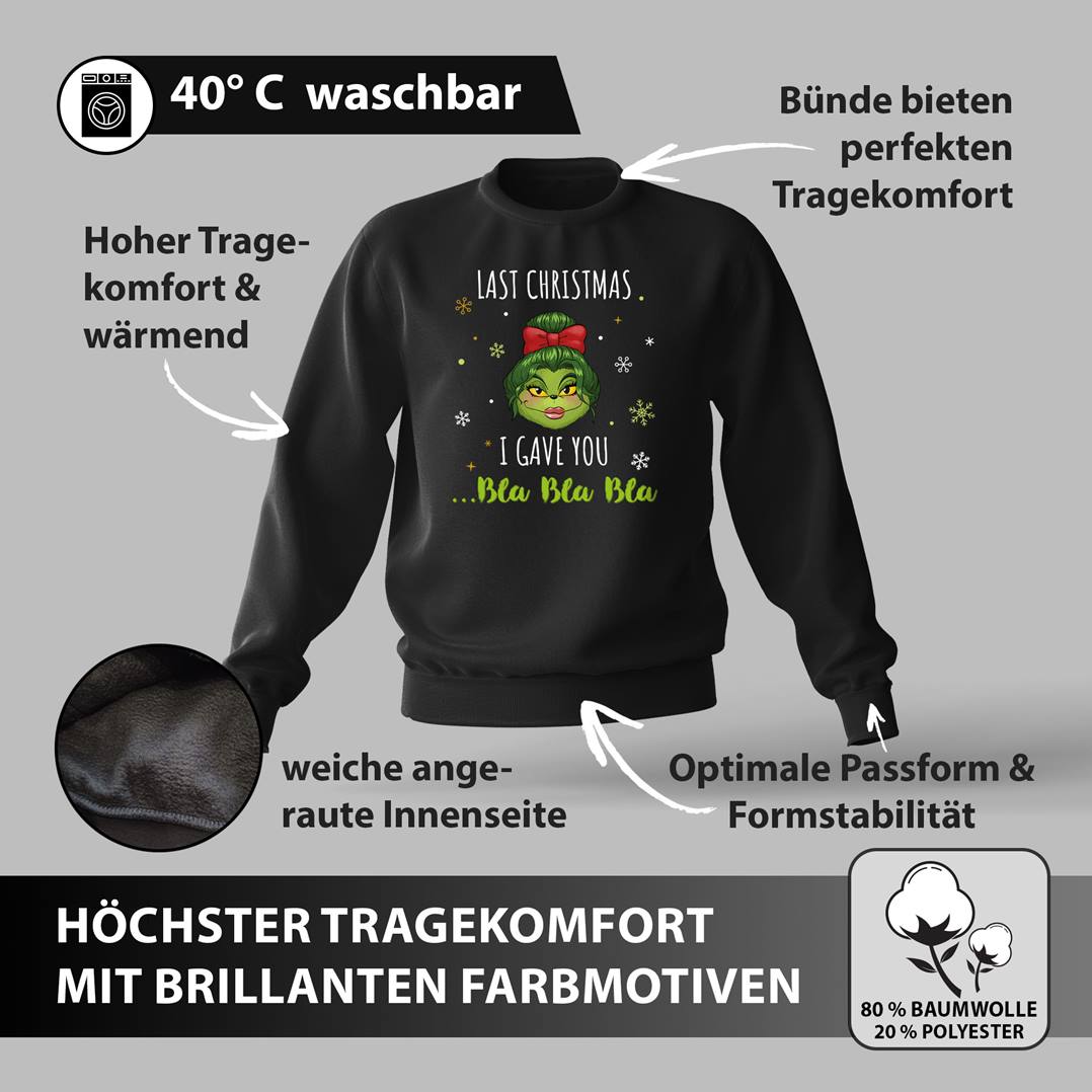 Weihnachtspullover - Miss Grinch - Last Christmas I gave you ... Bla Bla Bla