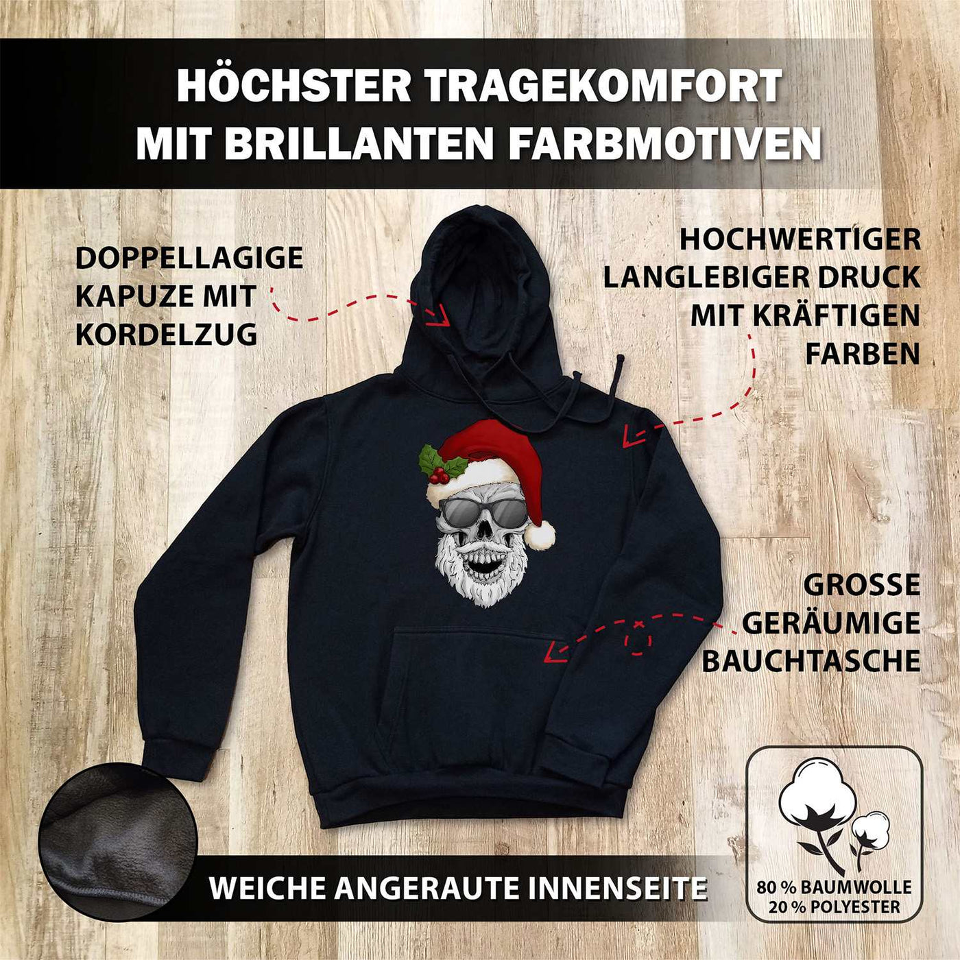 Hoodie -  Totenkopf mit Sonnenbrille (Weihnachten)