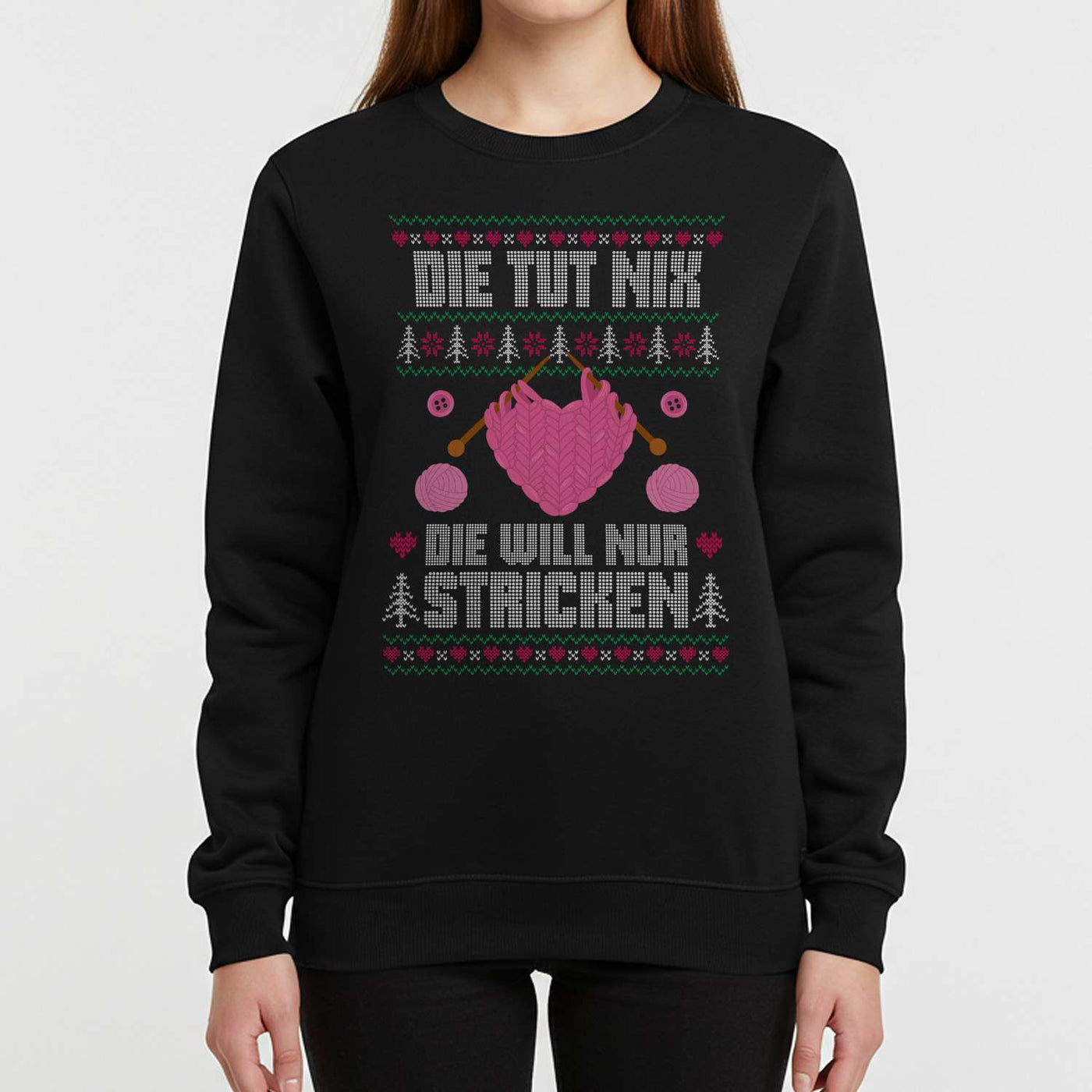 Weihnachtspullover - Die tut nix! Die will nur stricken. (Strick-Optik)