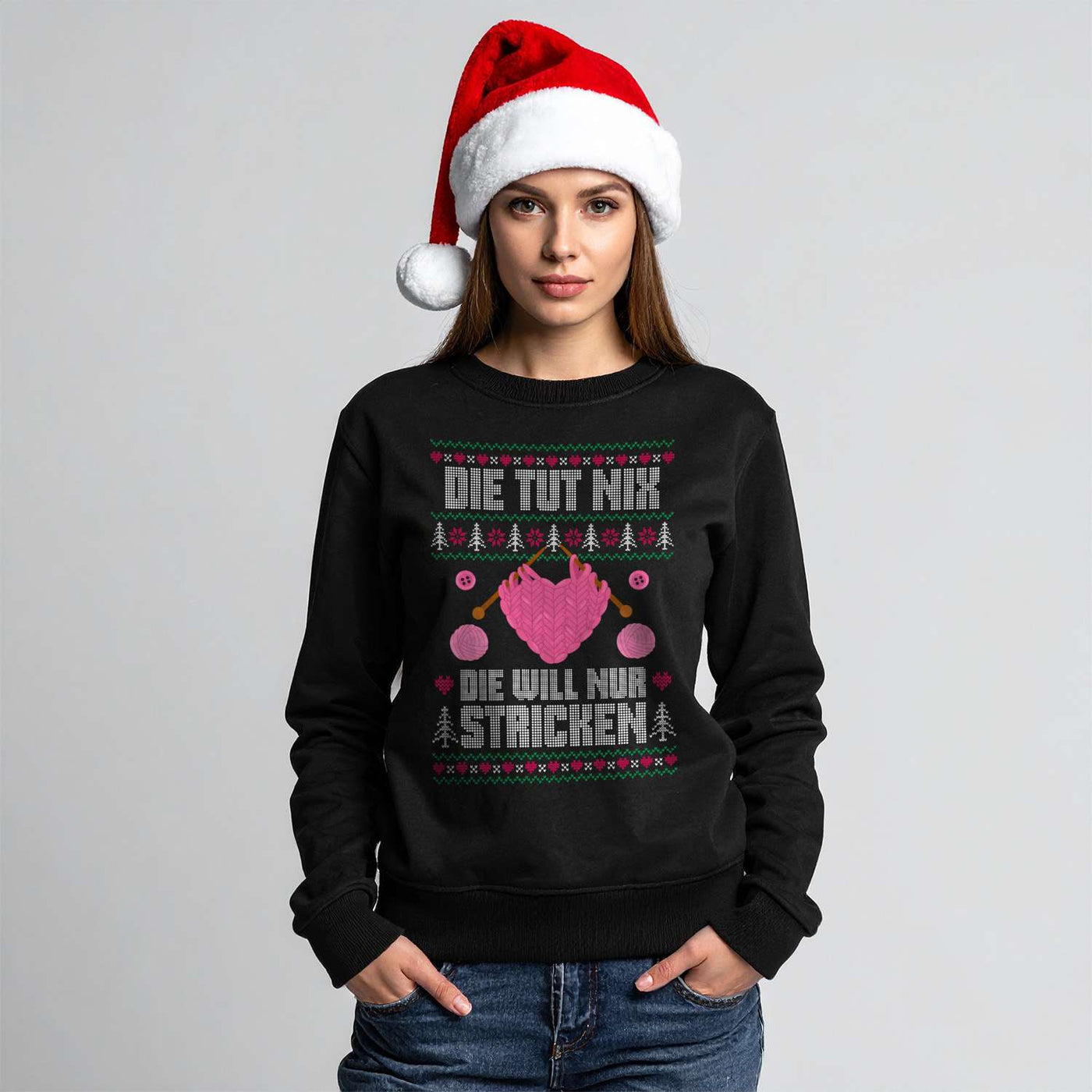Weihnachtspullover - Die tut nix! Die will nur stricken. (Strick-Optik)